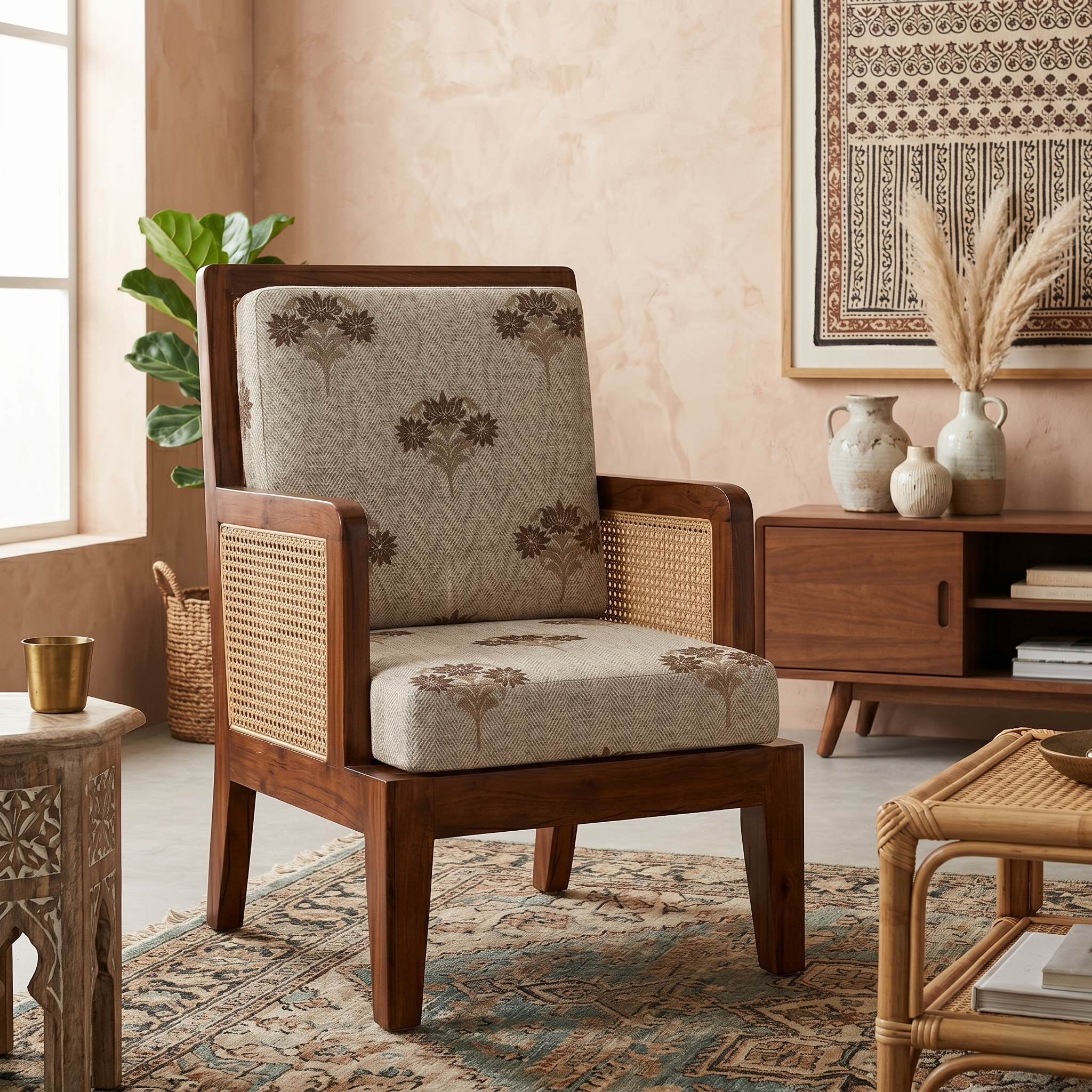 Arthur Solid Wood   Lounge Chair With Cane Accents