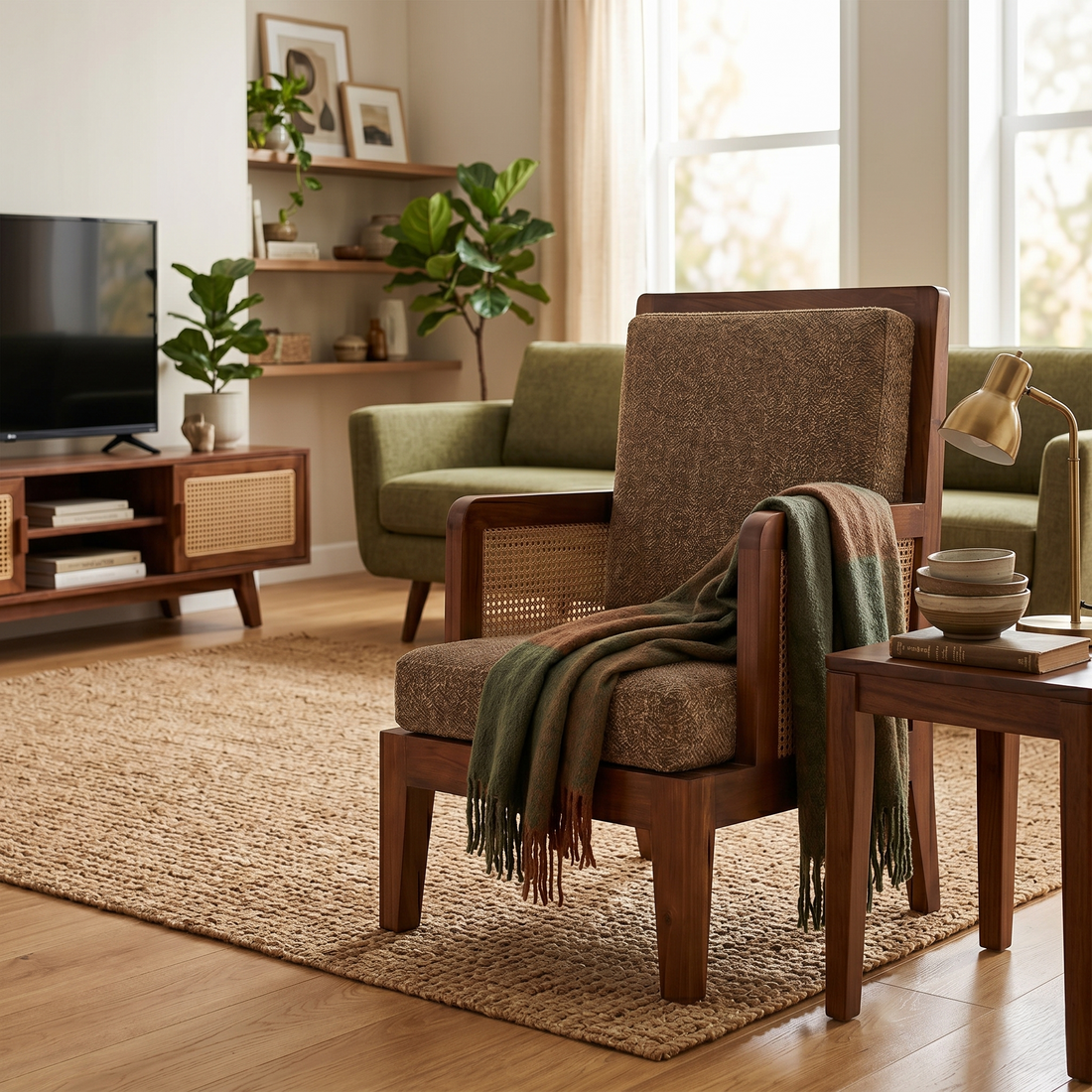 Arthur Solid Wood   Lounge Chair With Cane Accents