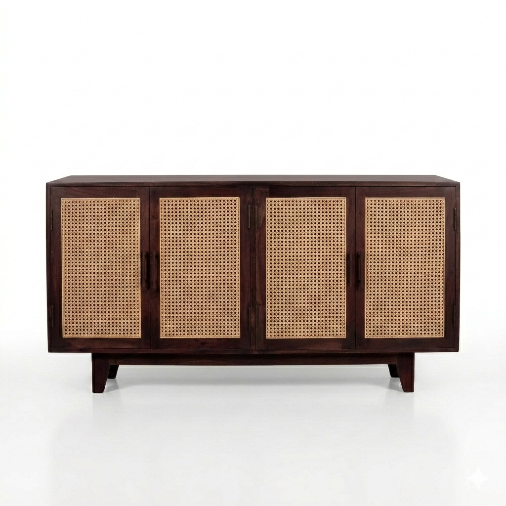 Athens Sheesham Wood and Cane Sideboard  Four  Door