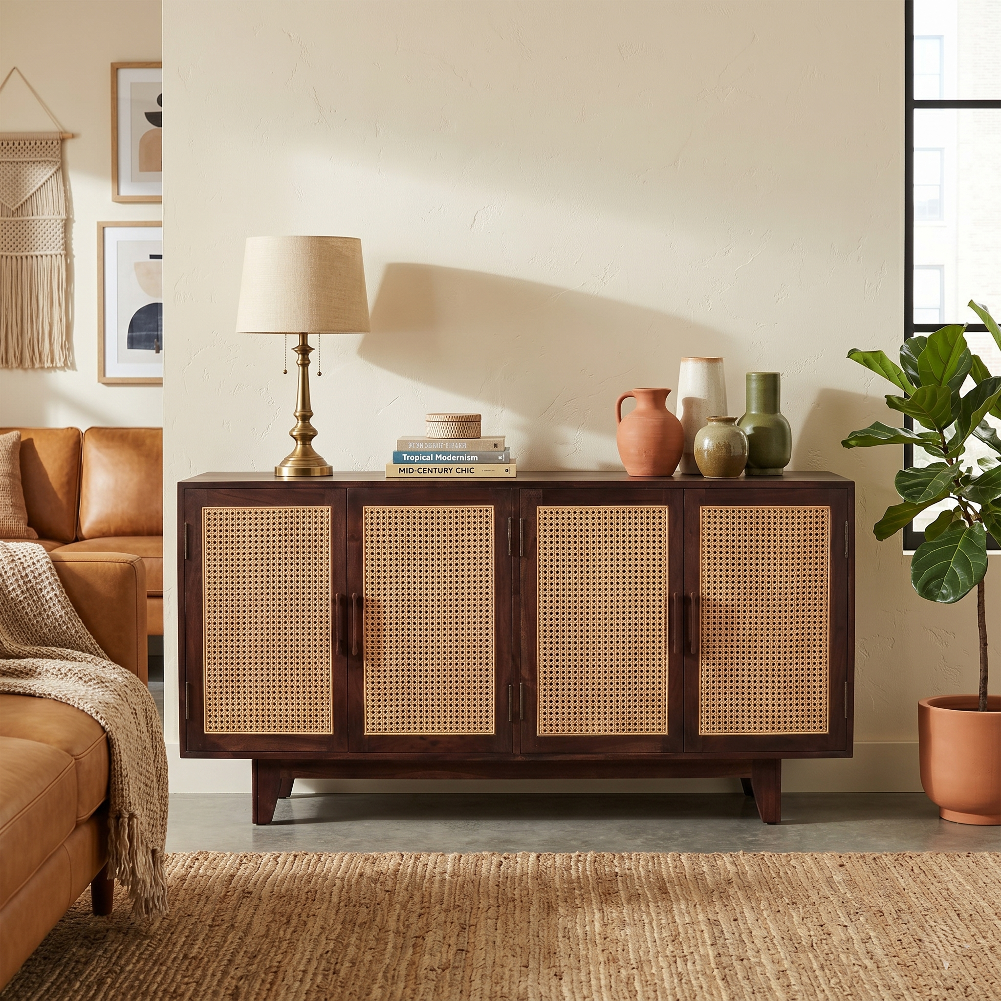 Athens Sheesham Wood and Cane Sideboard  Four  Door