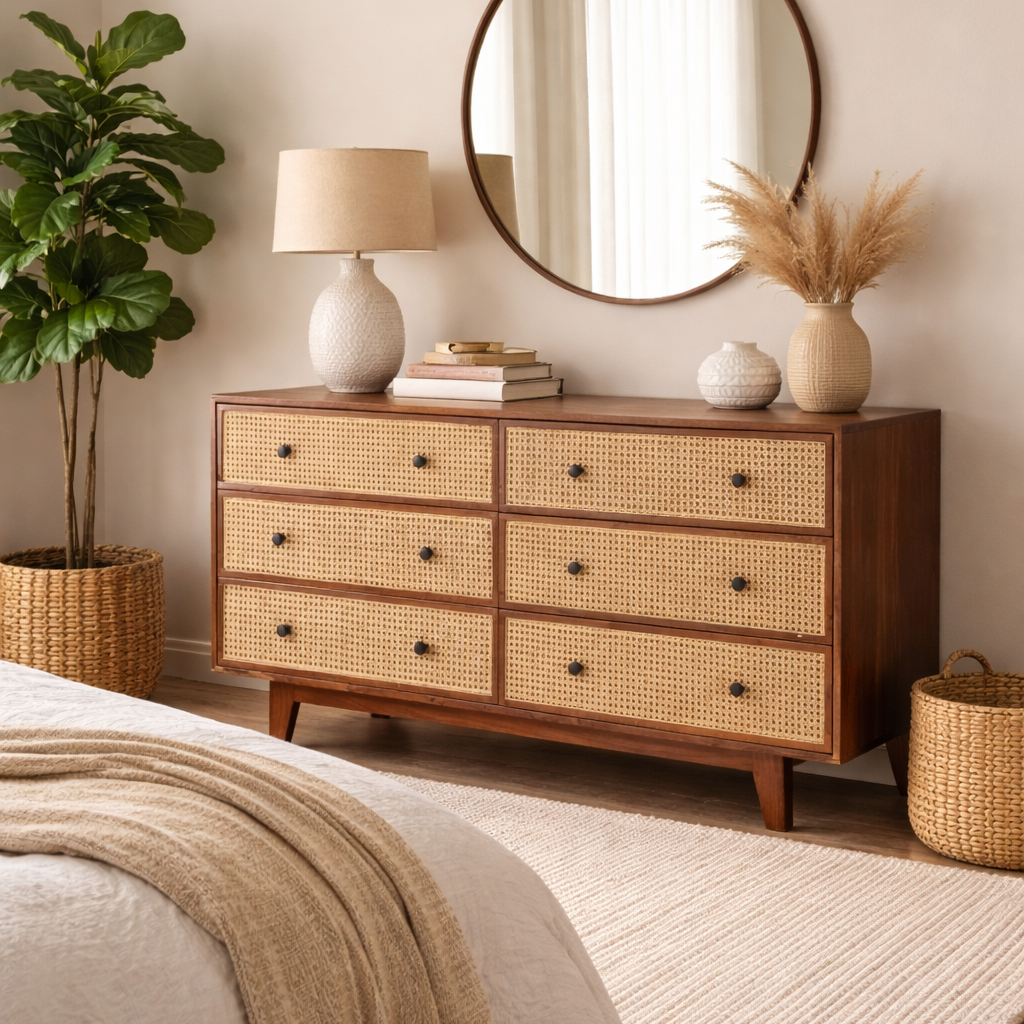 Athens Solid Wood Chest of Drawers with six drawers and cane detailing
