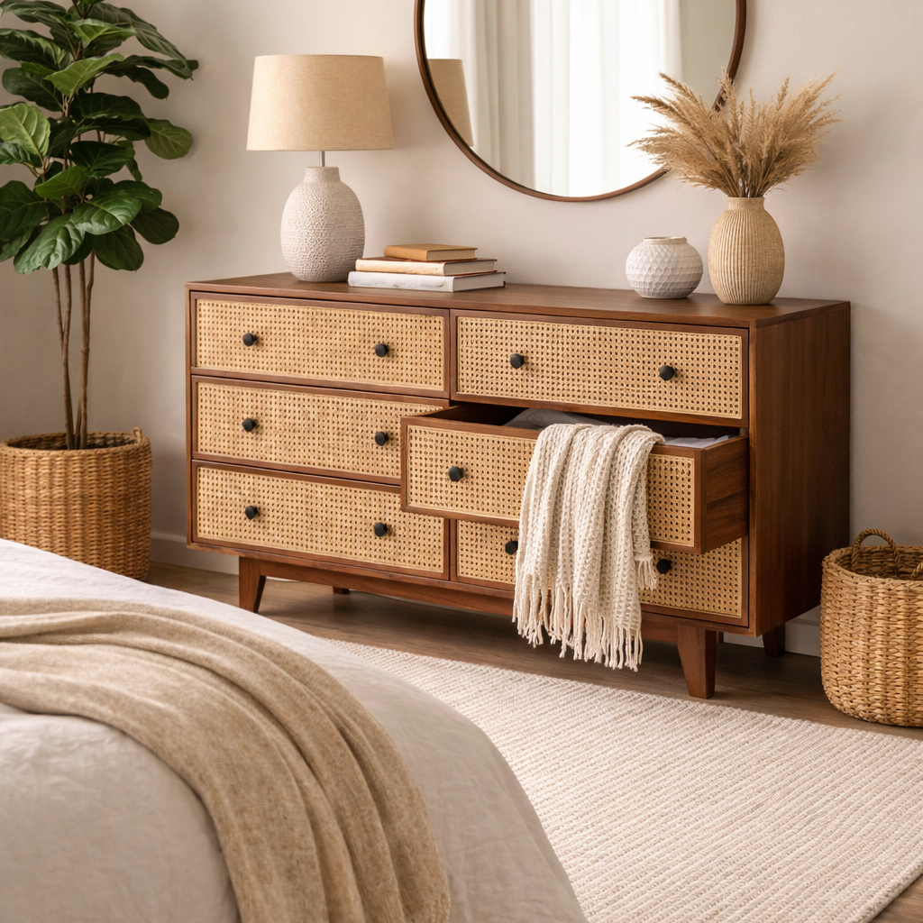 Athens Solid Wood Chest of Drawers with six drawers and cane detailing