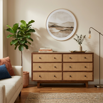 Athens Solid Wood Chest of Drawers with six drawers and cane detailing