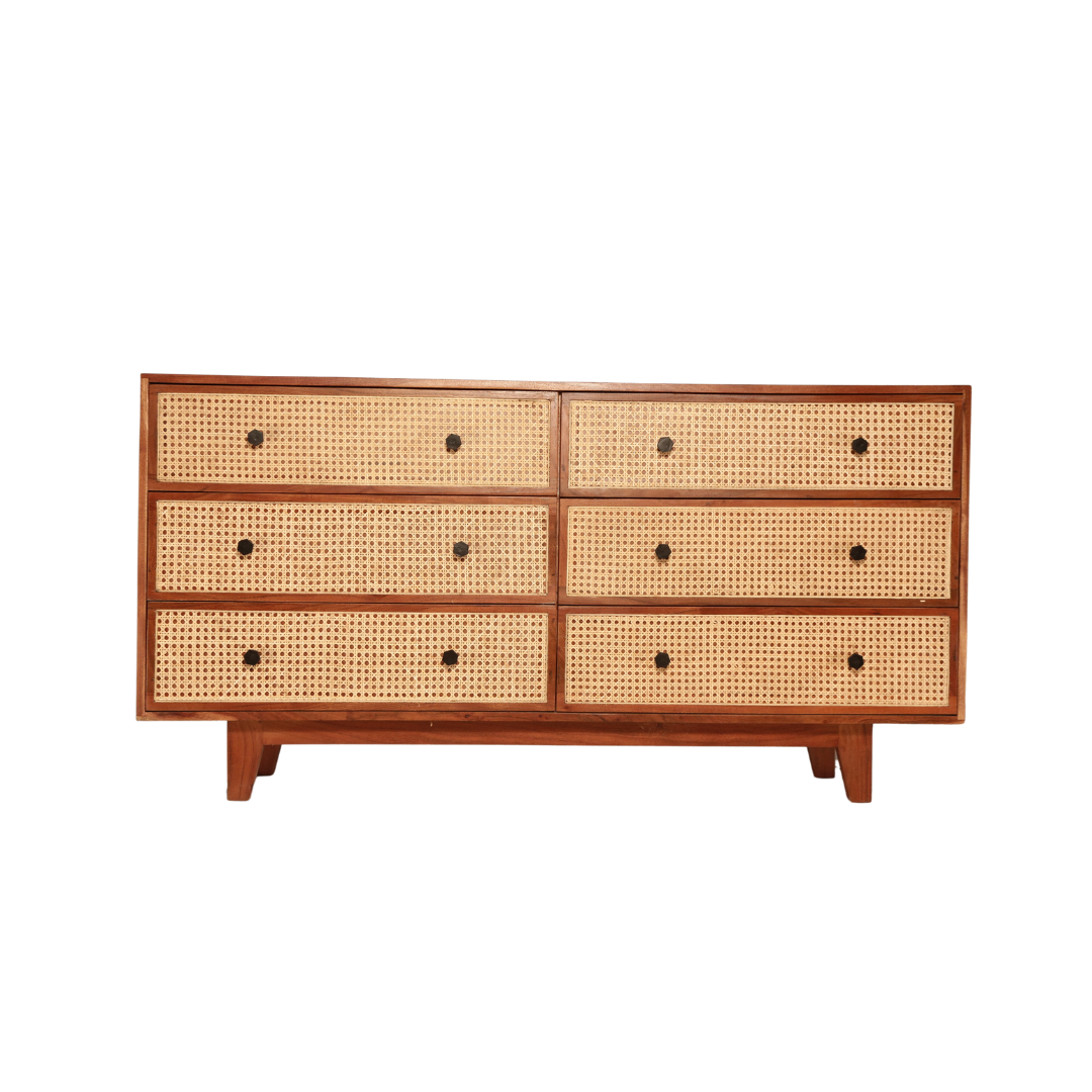Athens Solid Wood Chest of Drawers with six drawers and cane detailing