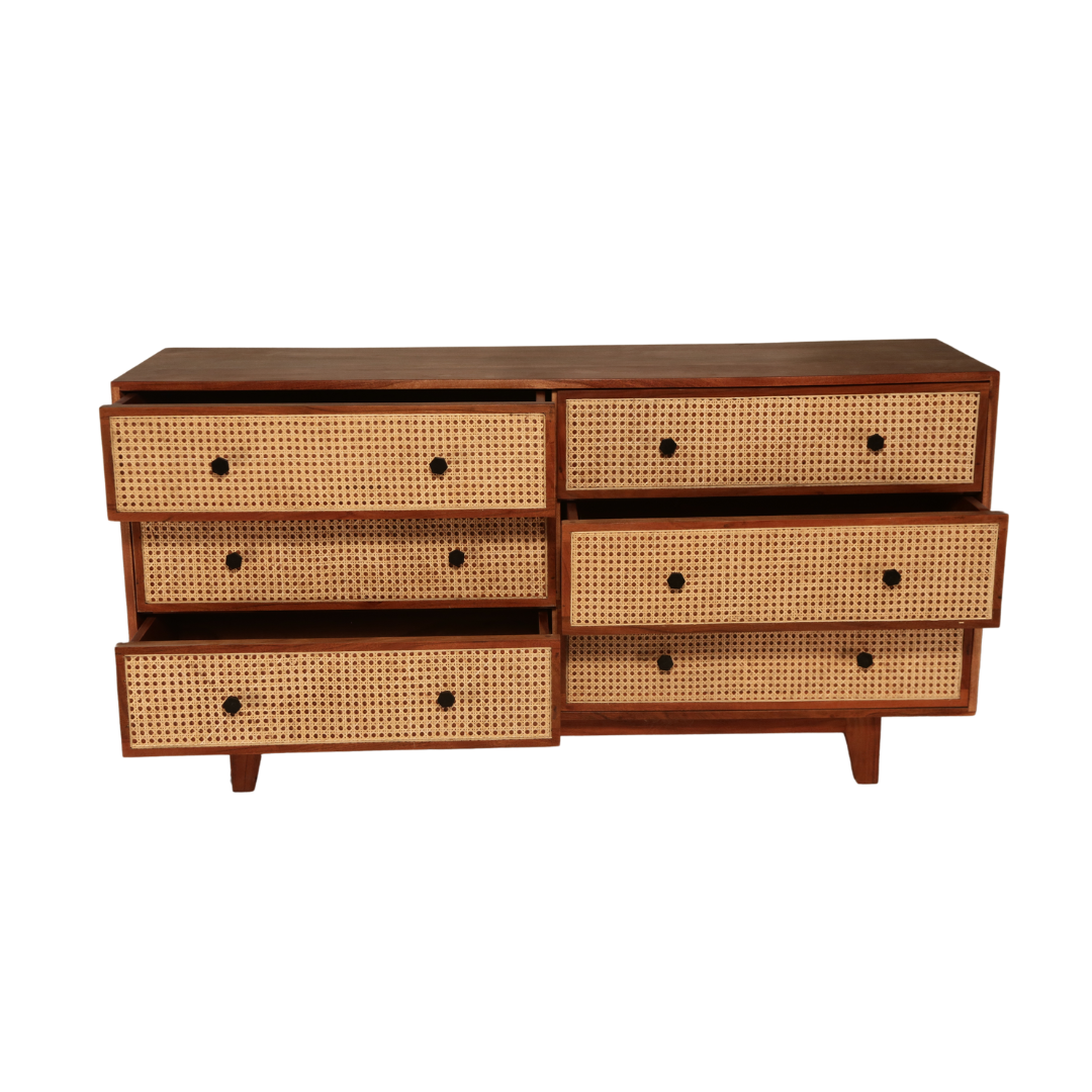 Athens Solid Wood Chest of Drawers with six drawers and cane detailing
