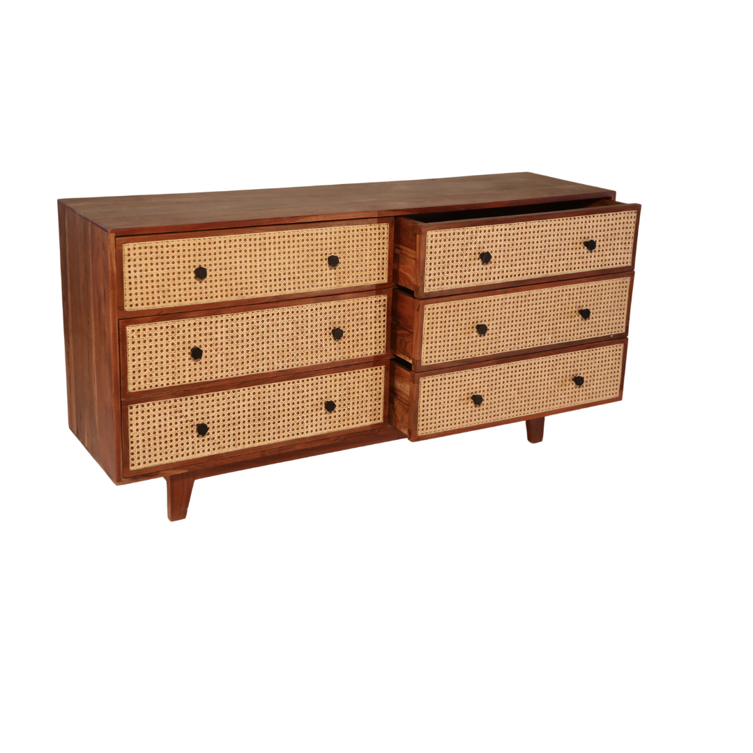 Athens Solid Wood Chest of Drawers with six drawers and cane detailing