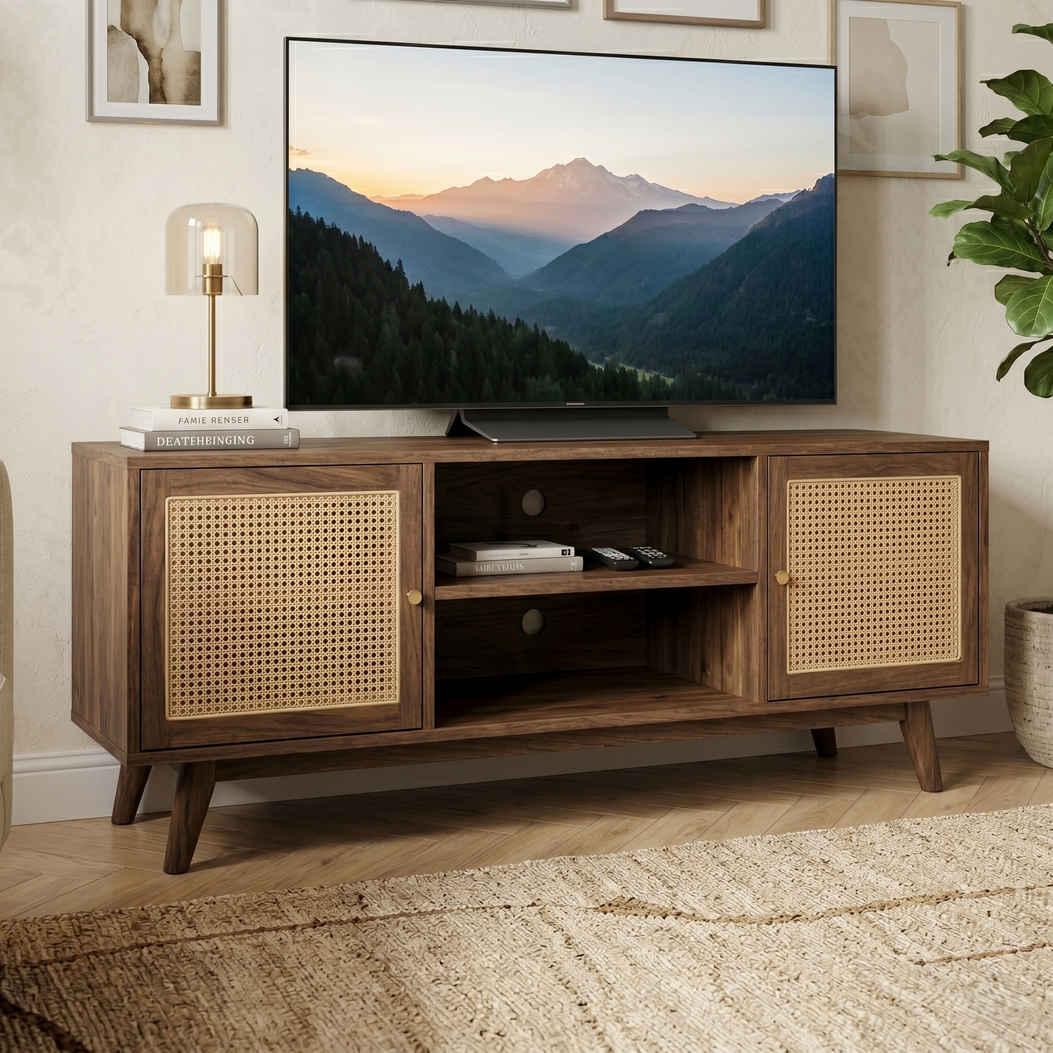 Athens Solid Wood  TV Unit with Cane Shutters