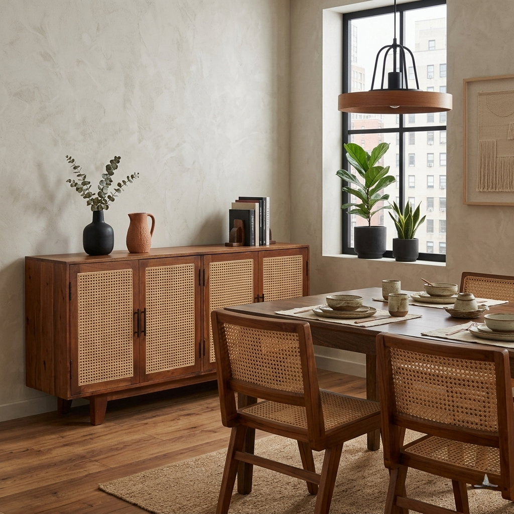 Athens Sheesham Wood and Cane Sideboard  Four  Door