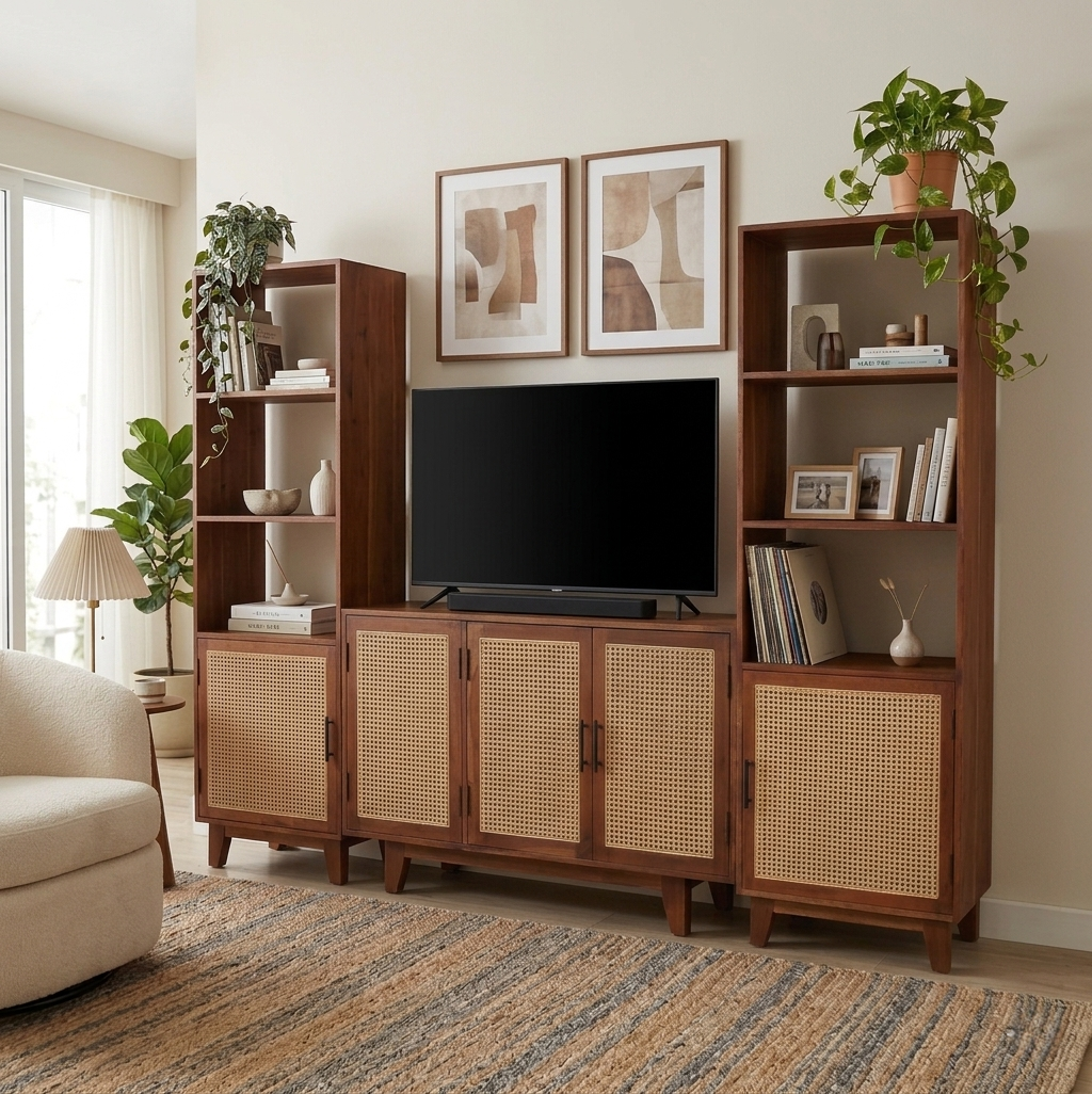 Athens Sheesham Wood and Cane Sideboard  Four  Door