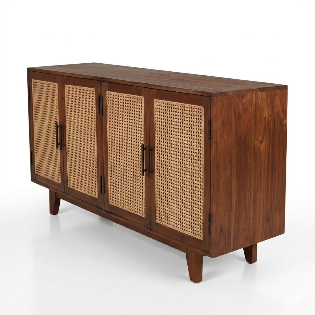 Athens Sheesham Wood and Cane Sideboard  Four  Door
