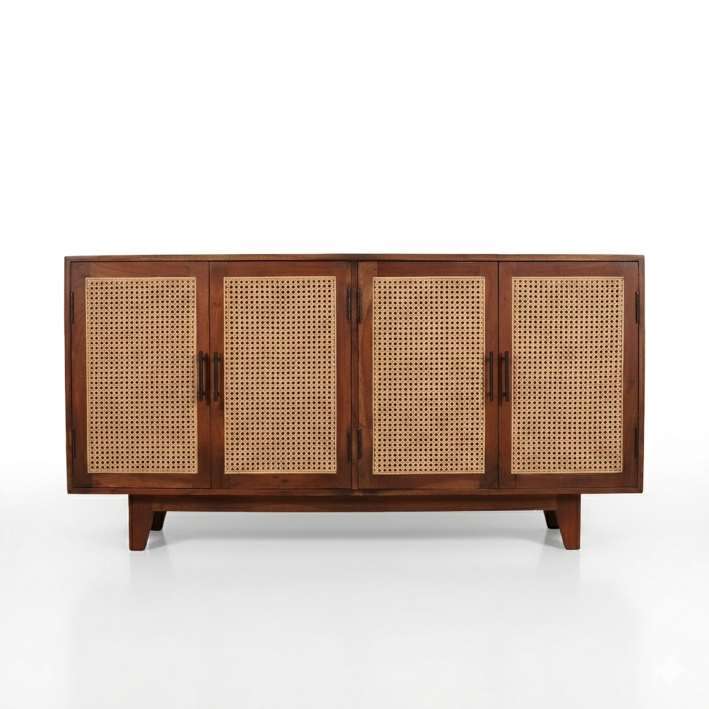 Athens Sheesham Wood and Cane Sideboard  Four  Door