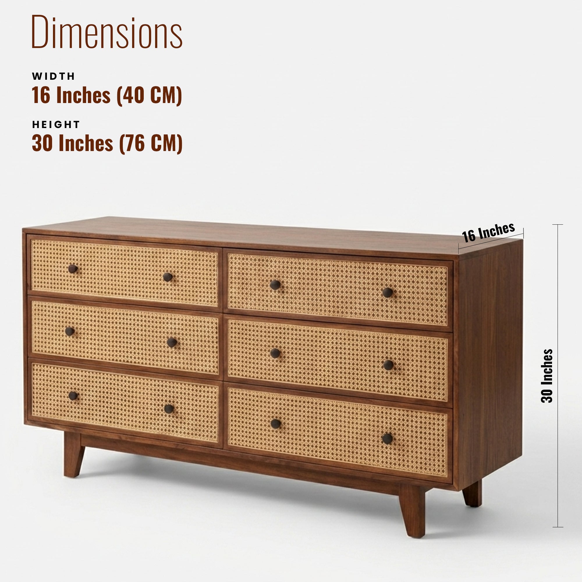 Athens Solid Wood Chest of Drawers with six drawers and cane detailing