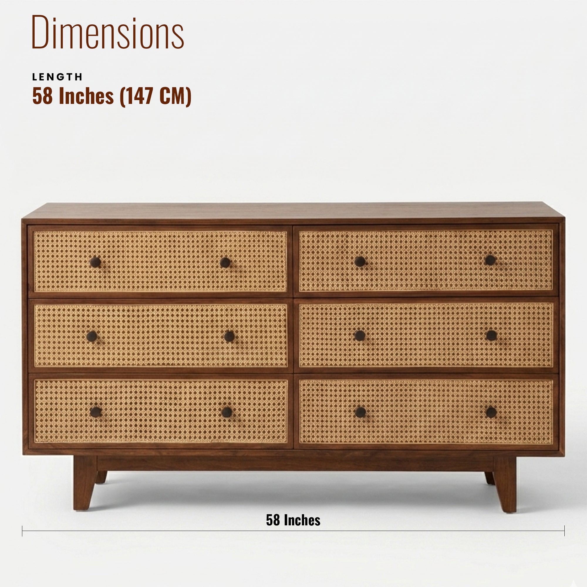 Athens Solid Wood Chest of Drawers with six drawers and cane detailing