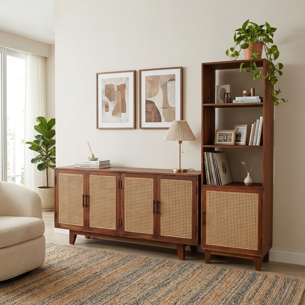 Athens Solid Wood Bookcase with Cane detailing