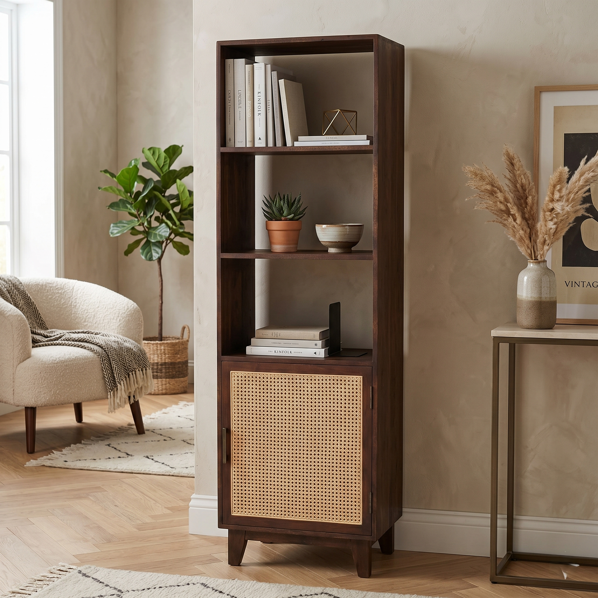Athens Solid Wood Bookcase with Cane detailing