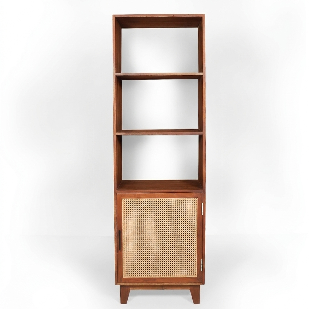 Athens Solid Wood Bookcase with Cane detailing - Smoked walnut