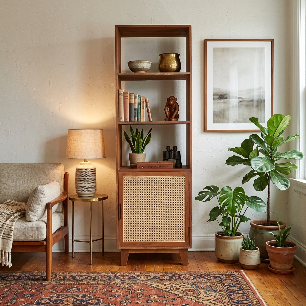 Athens Solid Wood Bookcase with Cane detailing - Smoked walnut