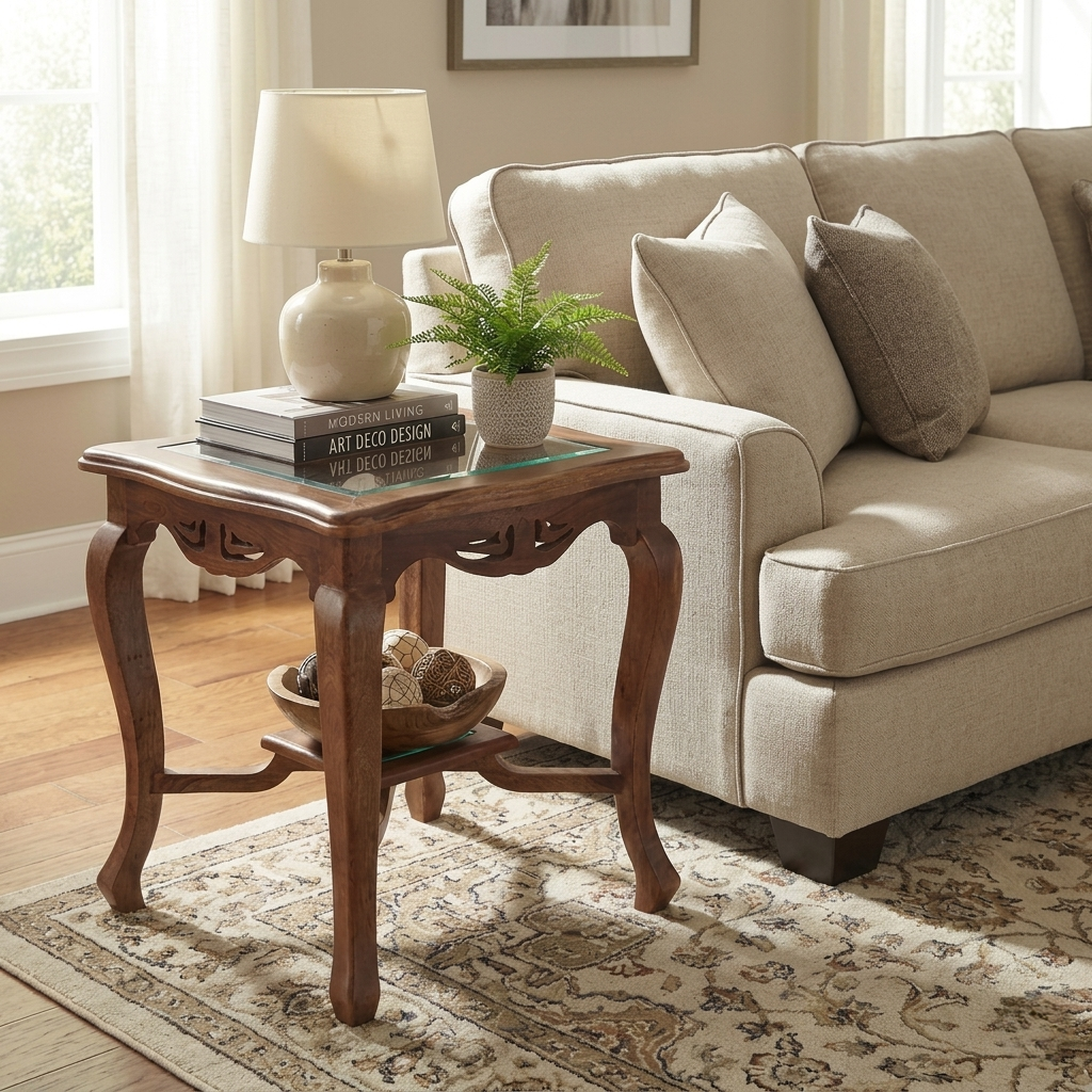 Heritage Sheesham Wood Side table/ End table Galss Top