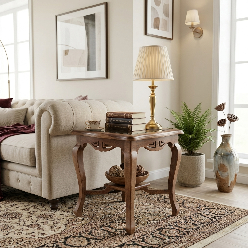 Heritage Sheesham Wood Side table/ End table Galss Top
