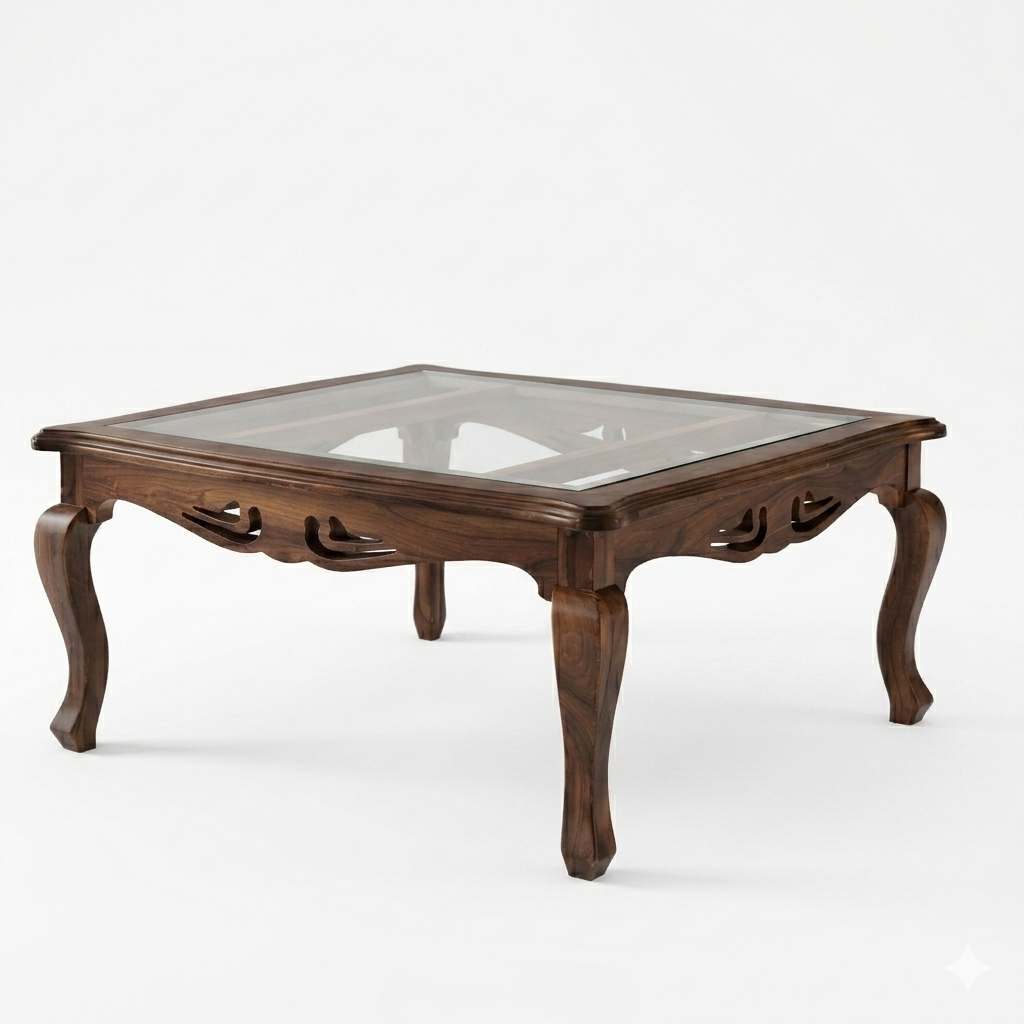 Heritage Sheesham Wood Center table/ Coffee table glass top Square