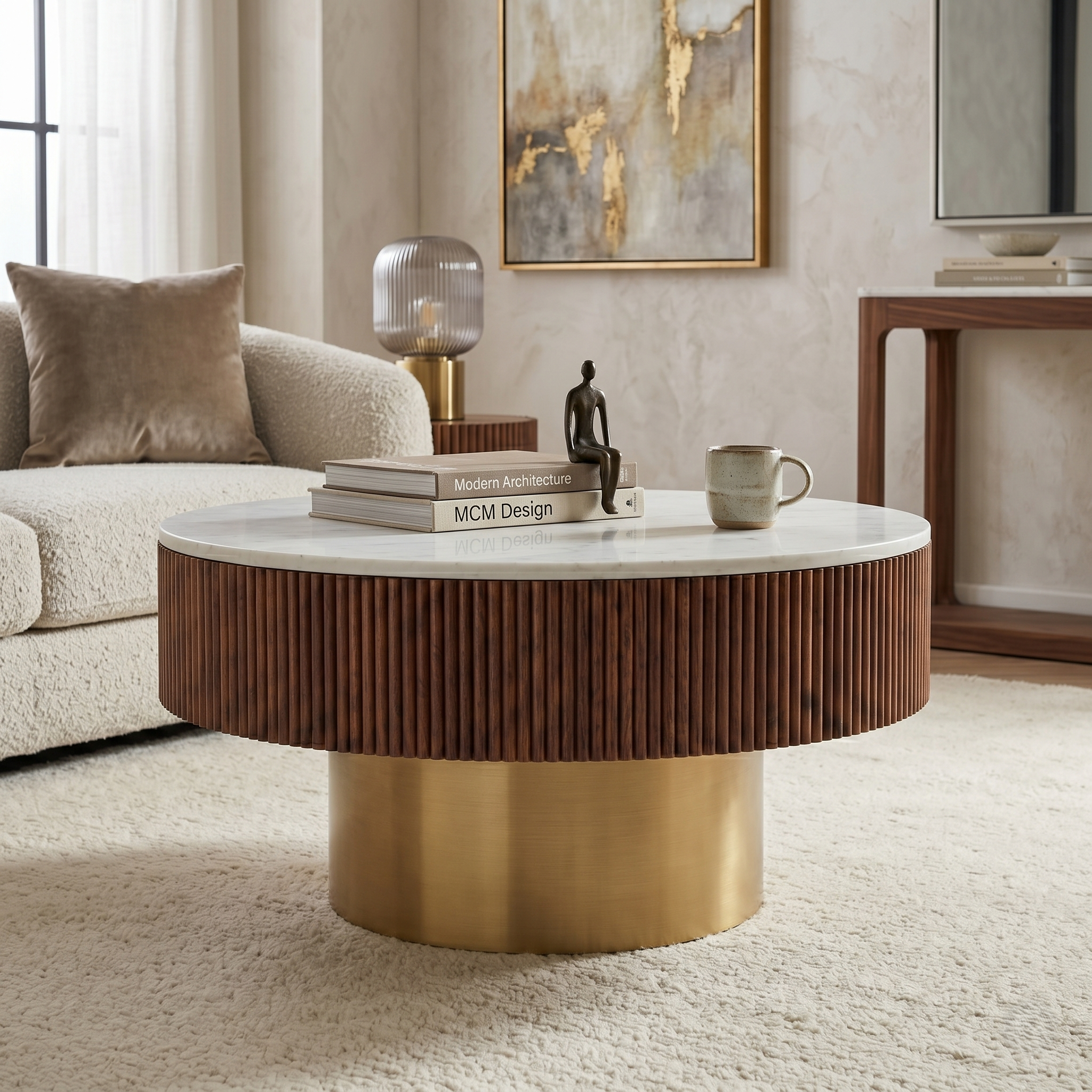 Kyle white marble round Center table/ Coffee table Set of 2