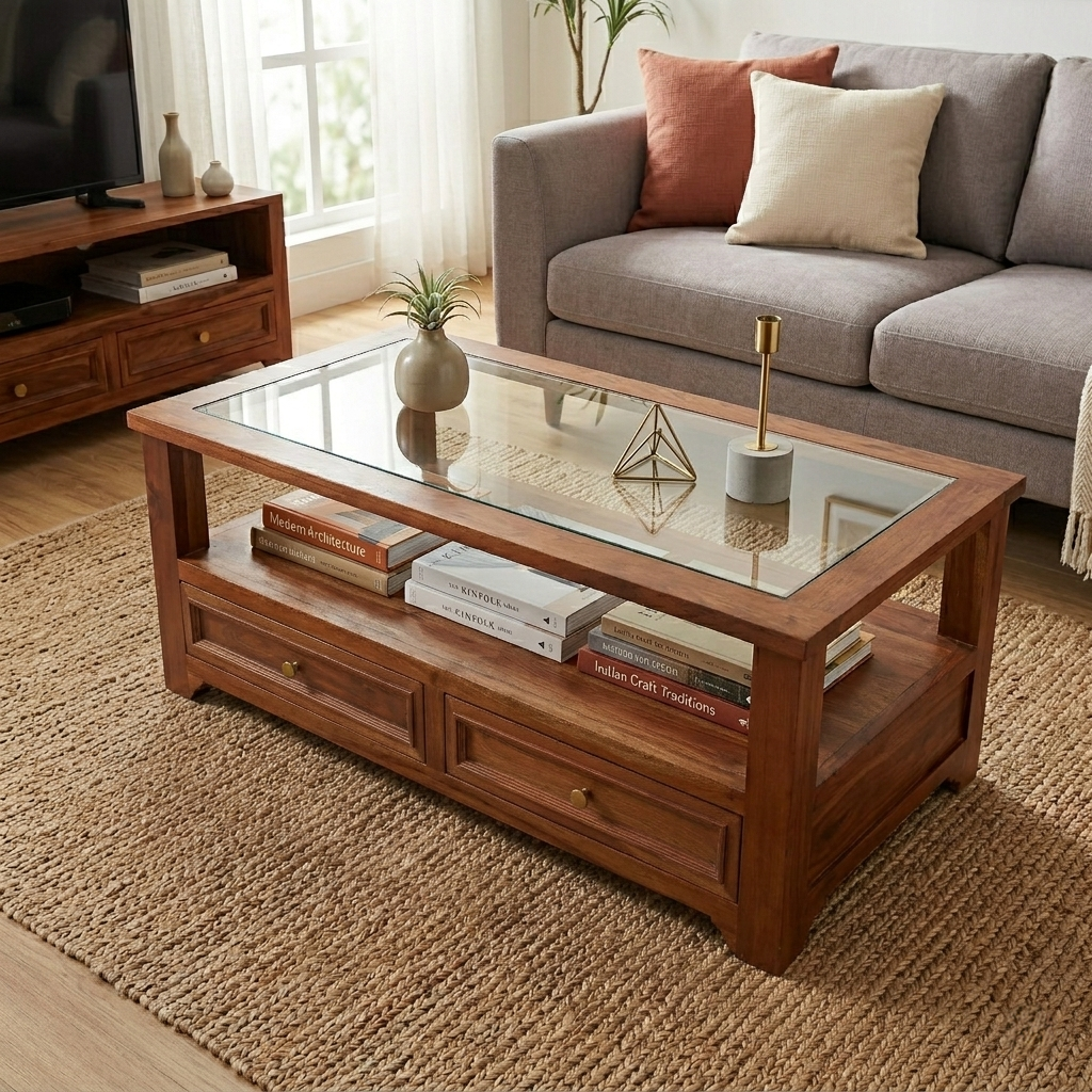 Walters Sheesham Wood Center table/ Coffee table Glass Top