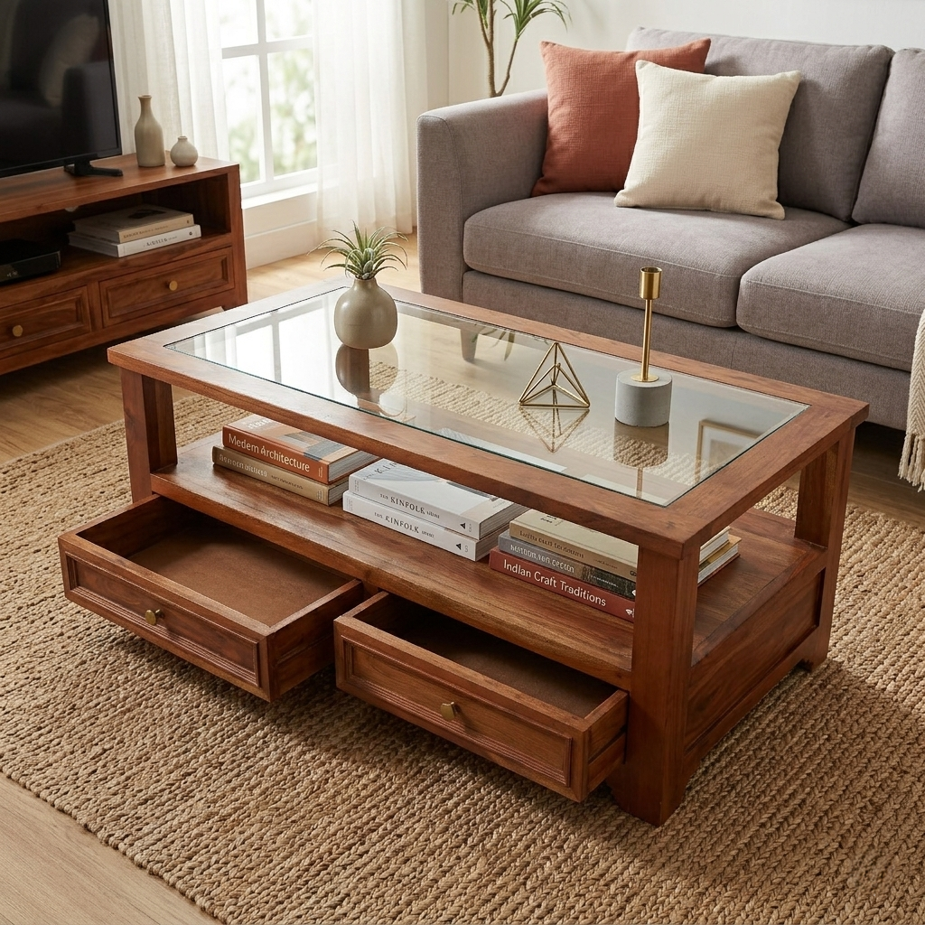 Walters Sheesham Wood Center table/ Coffee table Glass Top