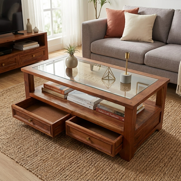 Walters Sheesham Wood Center table/ Coffee table Glass Top