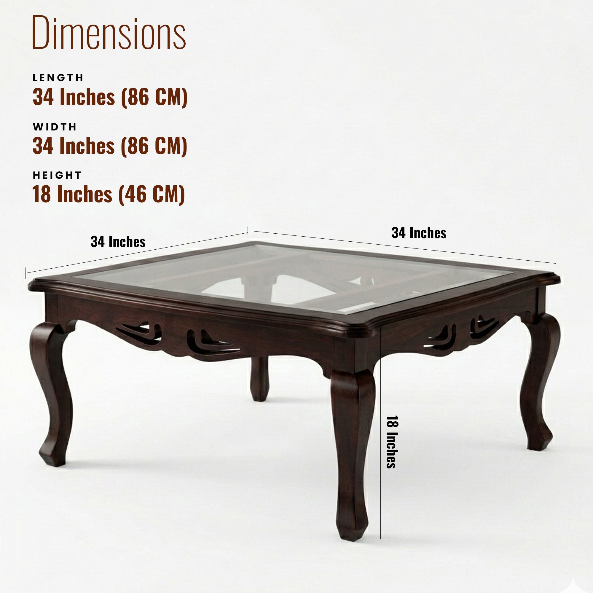 Heritage Sheesham Wood Center table/ Coffee table glass top Square
