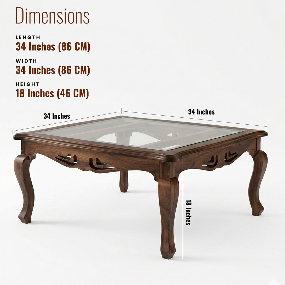 Heritage Sheesham Wood Center table/ Coffee table glass top Square